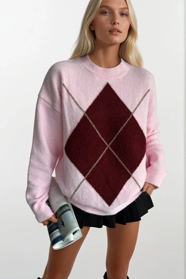 Baklava Desen Bisiklet Yaka Pembe Triko Kazak