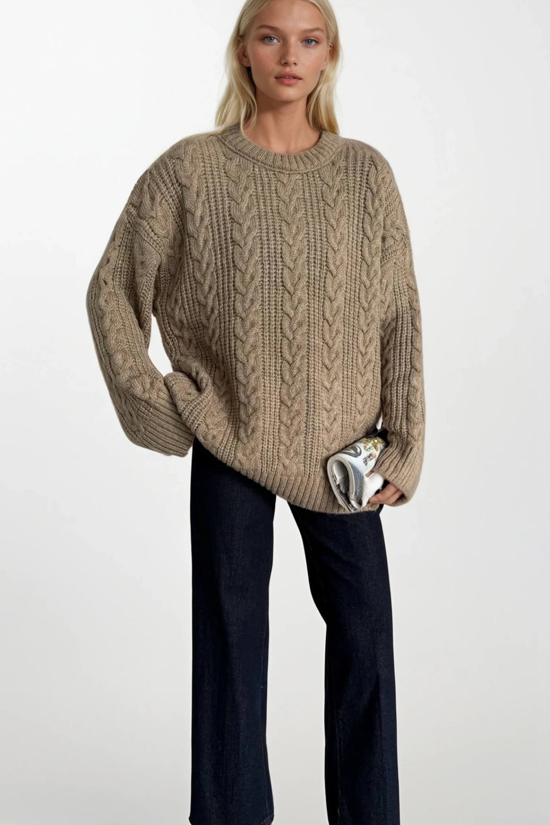 Örgü Desen Bej Basic Triko Kazak