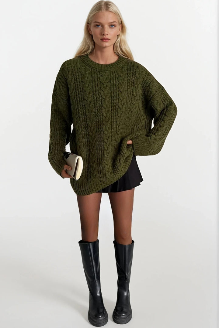 Örgü Desen Haki Basic Triko Kazak