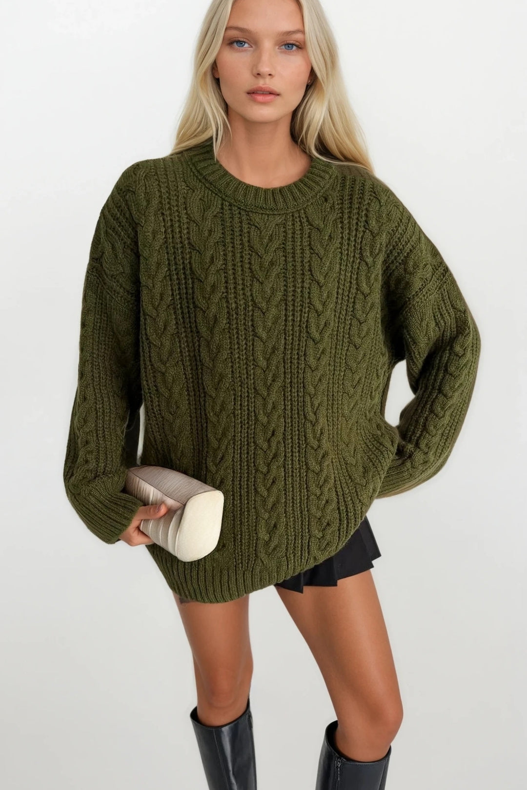 Örgü Desen Haki Basic Triko Kazak