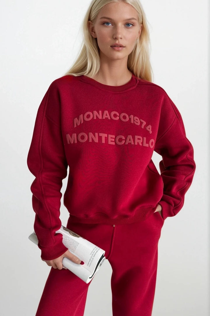 Bisiklet Yaka Kabartma Baskılı Bordo Sweatshirt