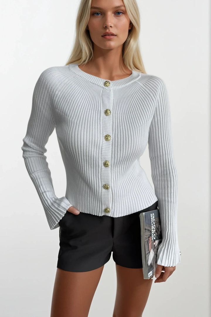 Volan Kol Gold Düğmeli Beyaz Bisiklet Yaka Bluz