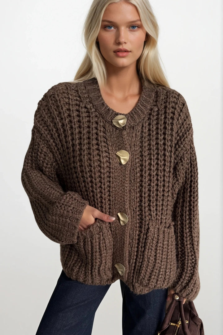 Kalın Örgü Düğme Detay Kahverengi Hırka
