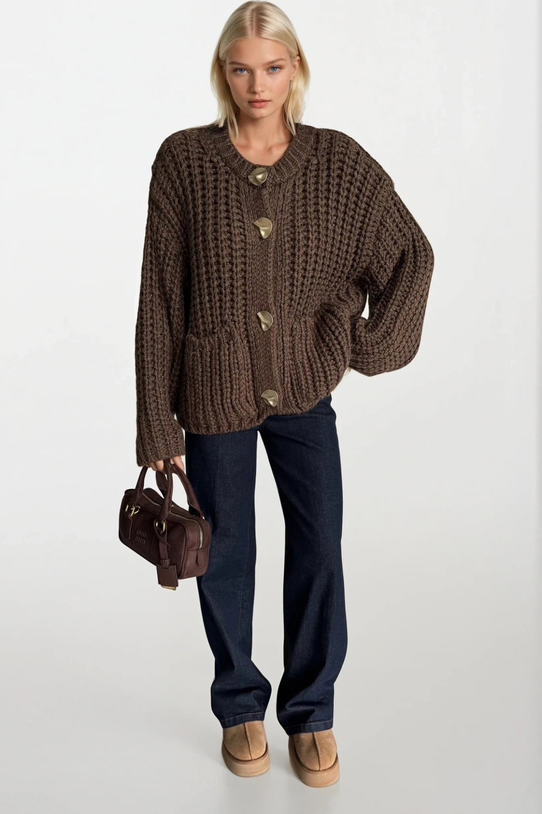 Kalın Örgü Düğme Detay Kahverengi Hırka