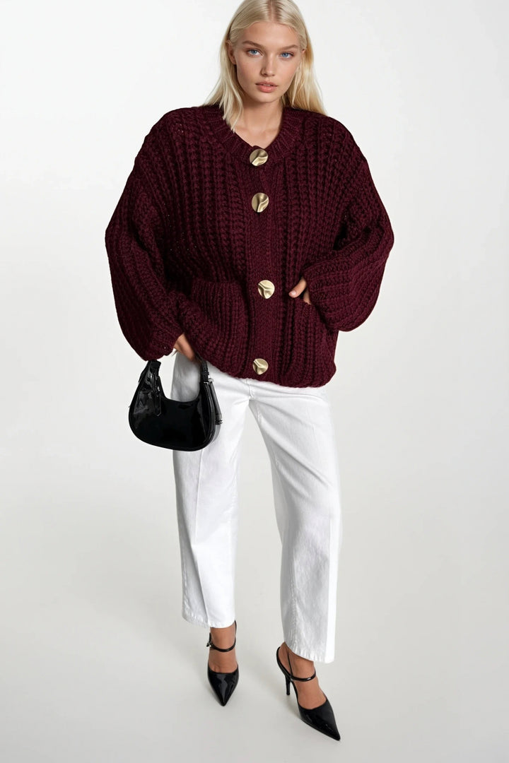 Kalın Örgü Düğme Detay Bordo Hırka