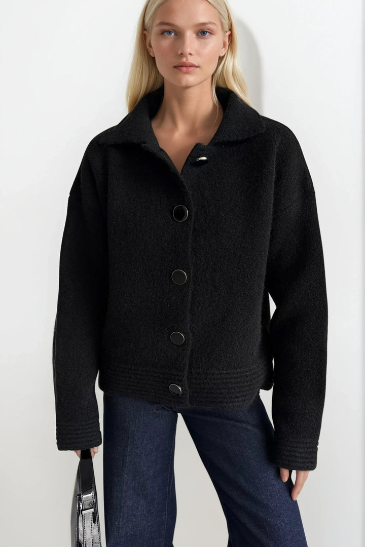 Polo Yaka Düğme Detay Siyah Triko Hırka