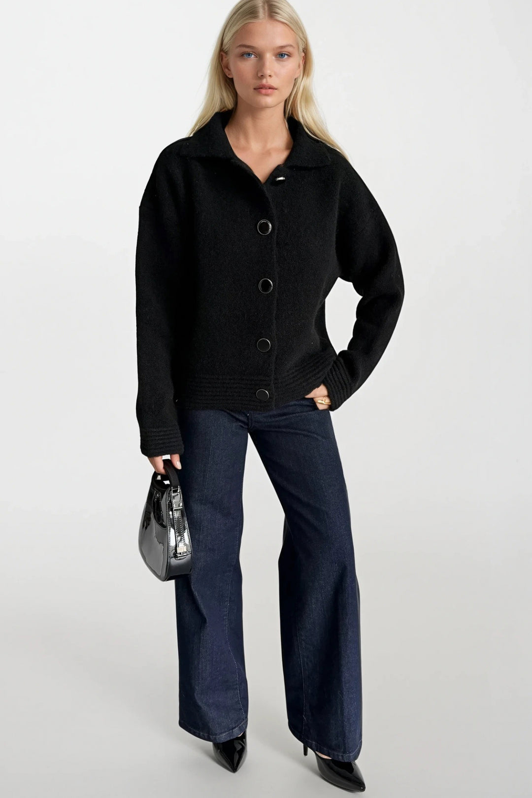 Polo Yaka Düğme Detay Siyah Triko Hırka