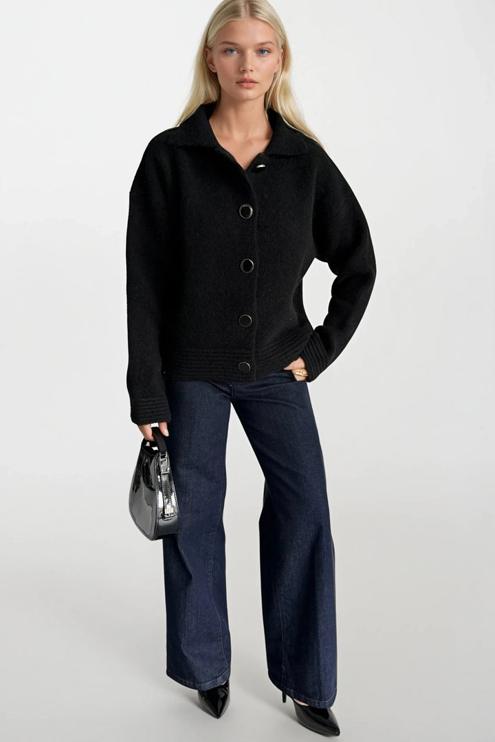 Polo Yaka Düğme Detay Siyah Triko Hırka