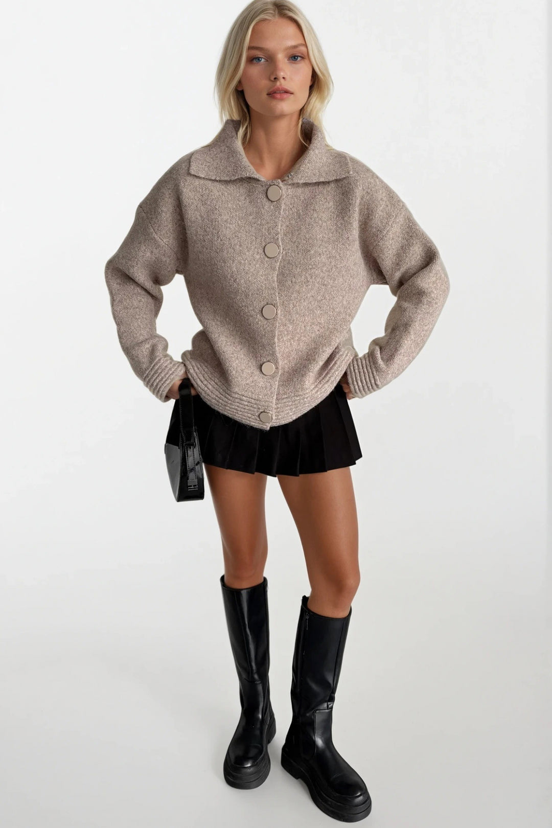 Polo Yaka Düğme Detay Bej Triko Hırka