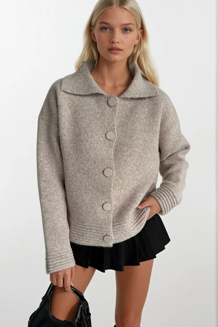 Polo Yaka Düğme Detay Bej Triko Hırka