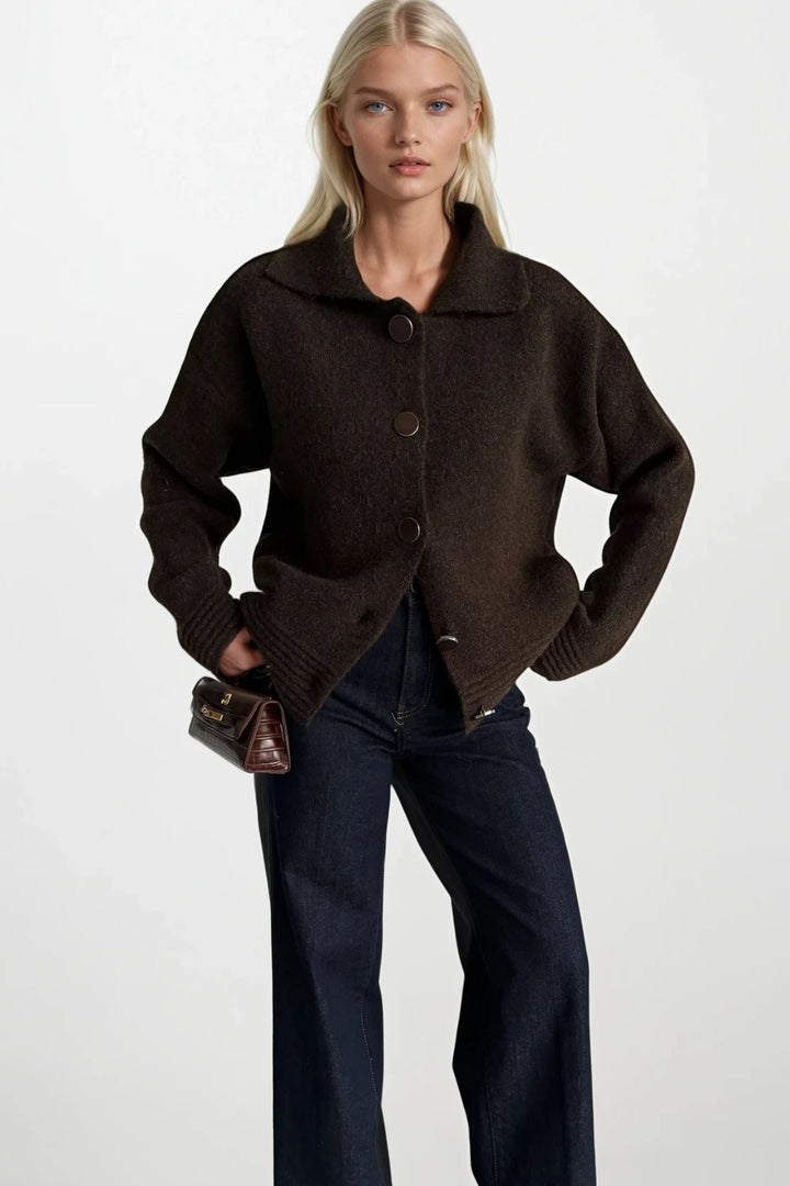 Polo Yaka Düğme Detay Kahverengi Triko Hırka