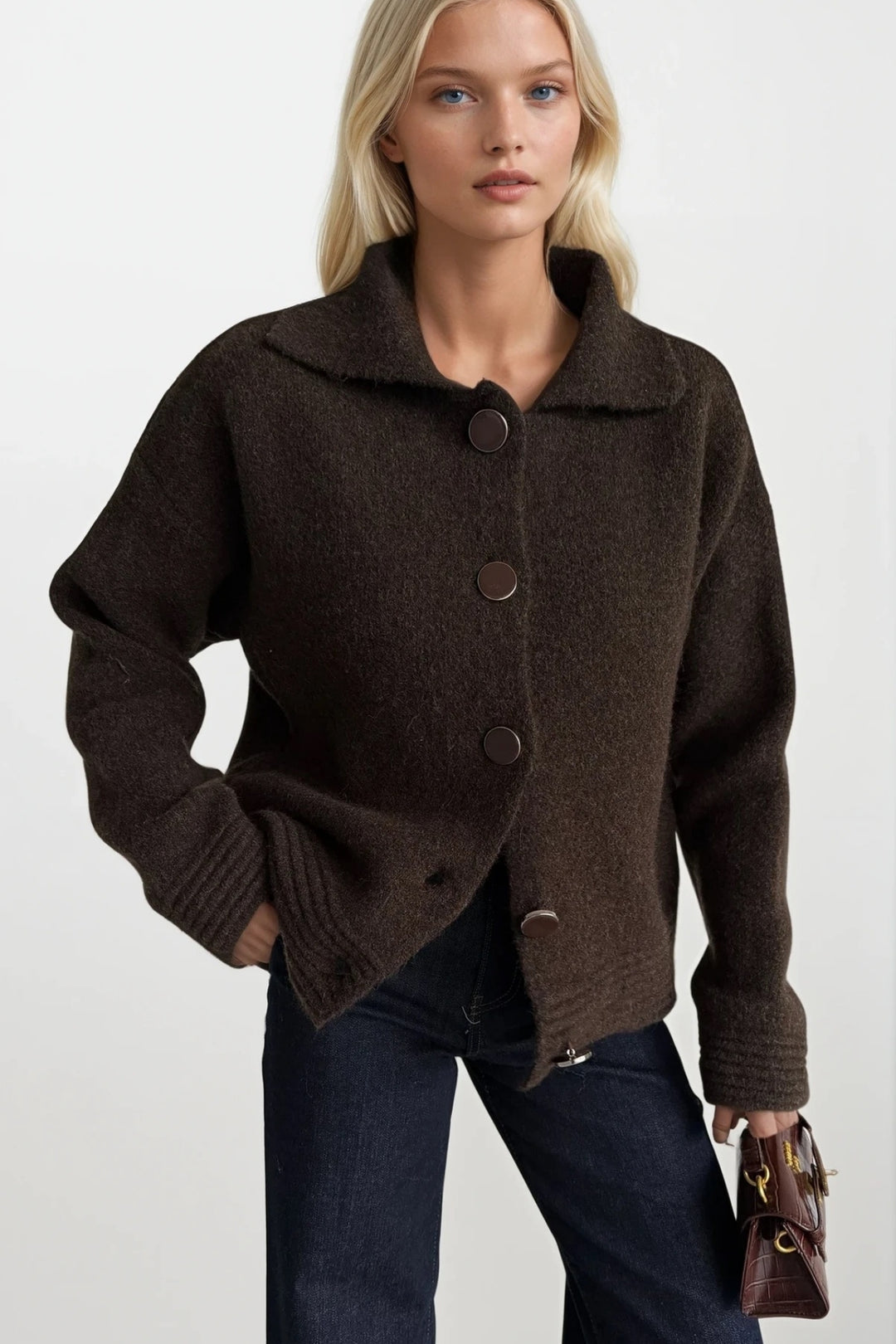 Polo Yaka Düğme Detay Kahverengi Triko Hırka