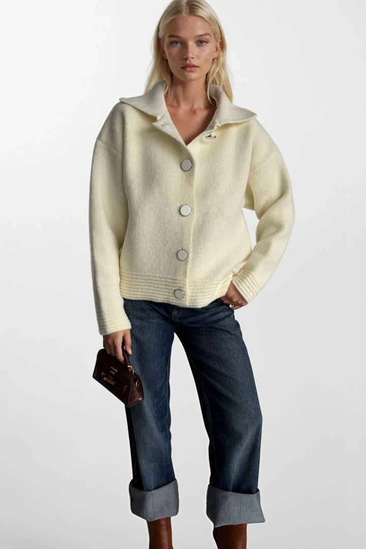 Polo Yaka Düğme Detay Ekru Triko Hırka