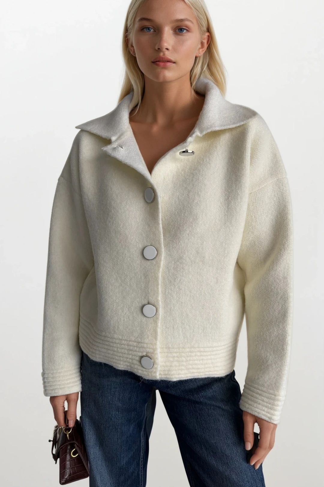 Polo Yaka Düğme Detay Ekru Triko Hırka