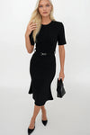 Kemerli Kısa Kol Siyah Midi Elbise