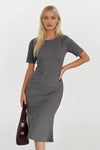 Kemerli Kısa Kol Gri Midi Elbise