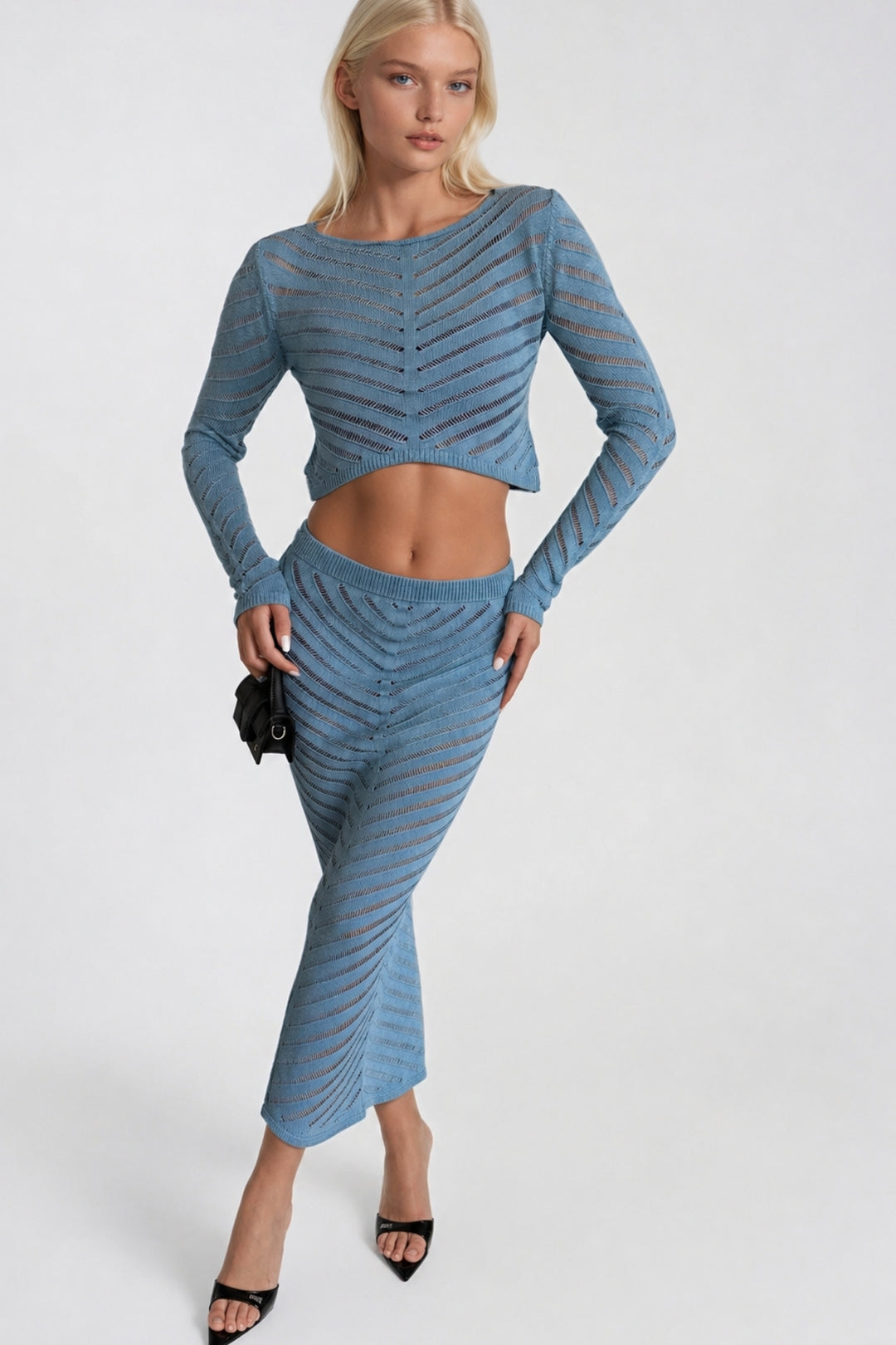 Örgü Desen Crop Bluz Maxi Etek İkili Mavi Triko Takım