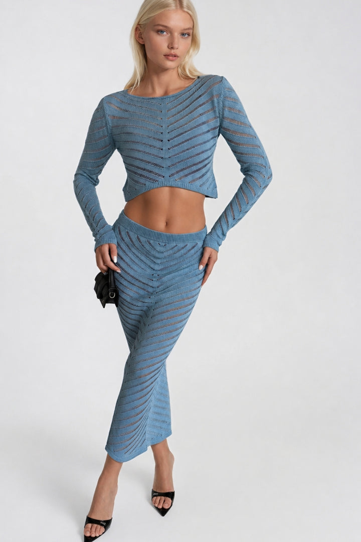 Örgü Desen Crop Bluz Maxi Etek İkili Mavi Triko Takım