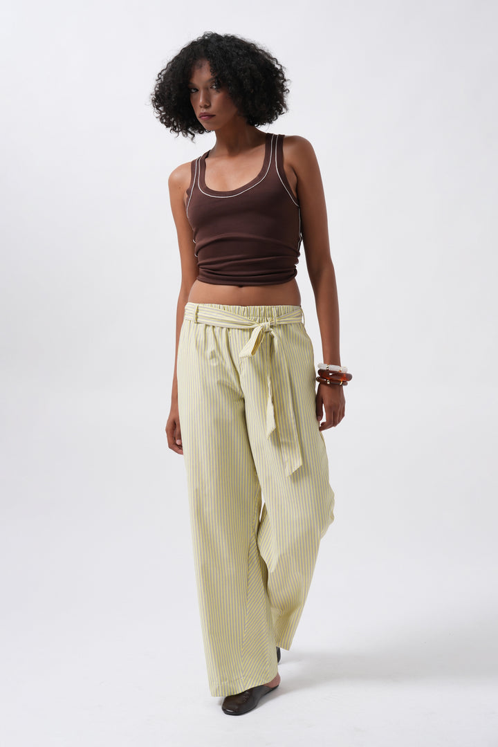 Kuşak Detay Çizgili Sarı Pantolon