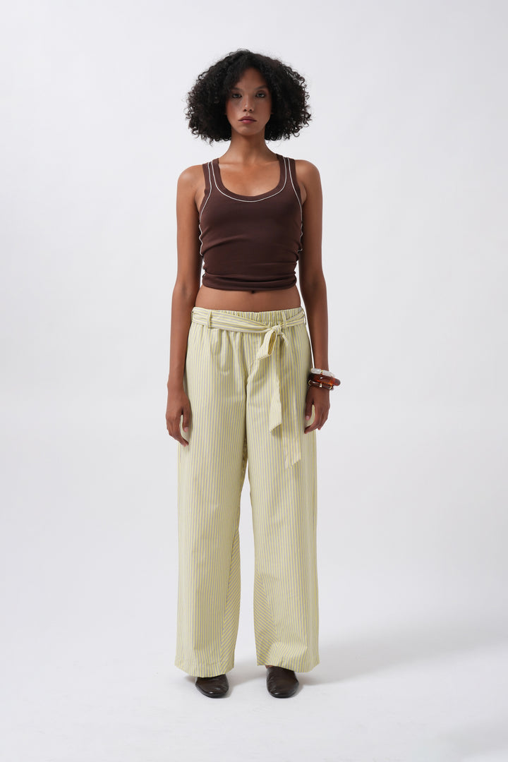 Kuşak Detay Çizgili Sarı Pantolon