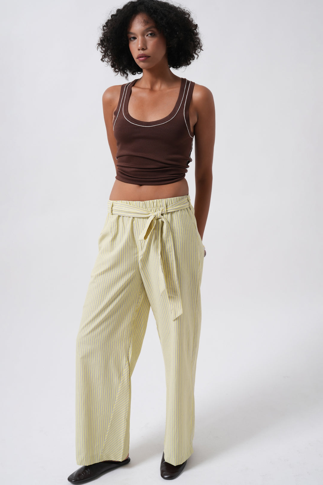 Kuşak Detay Çizgili Sarı Pantolon