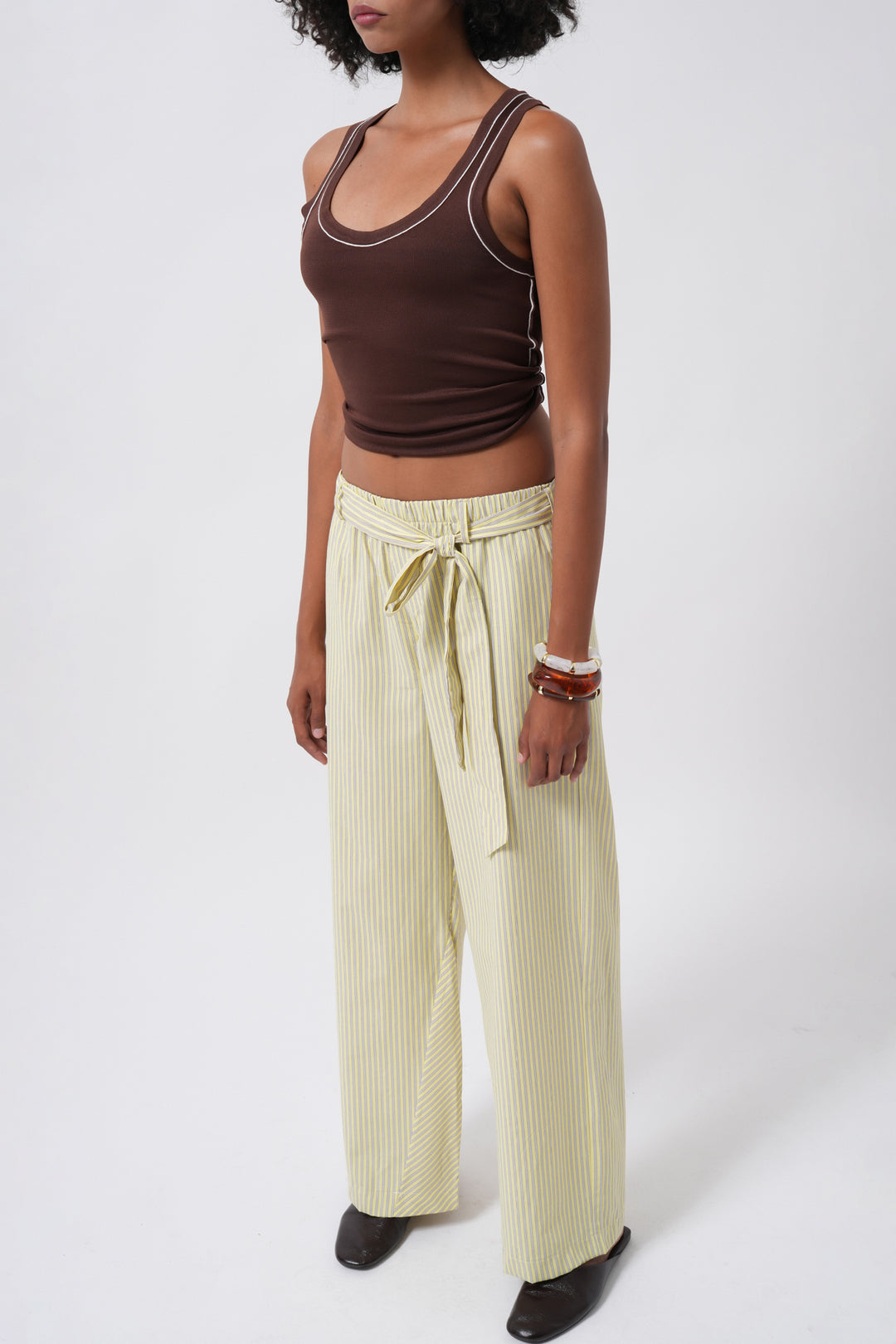 Kuşak Detay Çizgili Sarı Pantolon