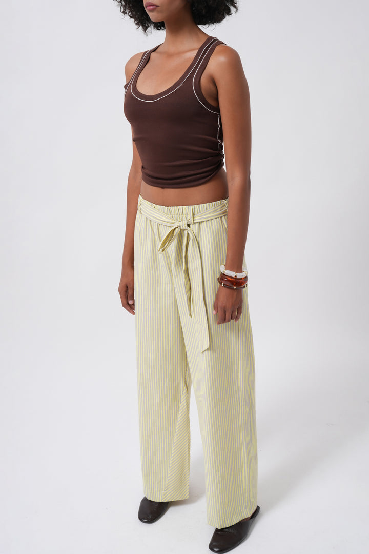 Kuşak Detay Çizgili Sarı Pantolon
