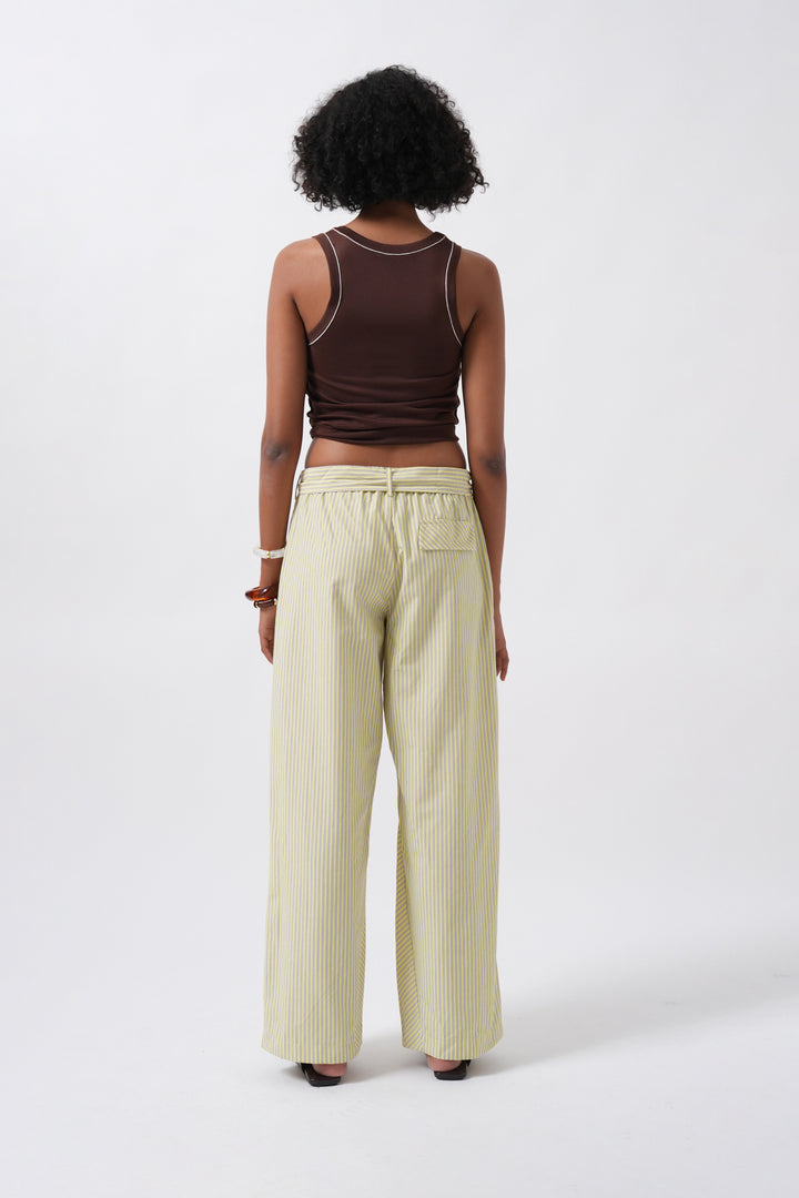 Kuşak Detay Çizgili Sarı Pantolon