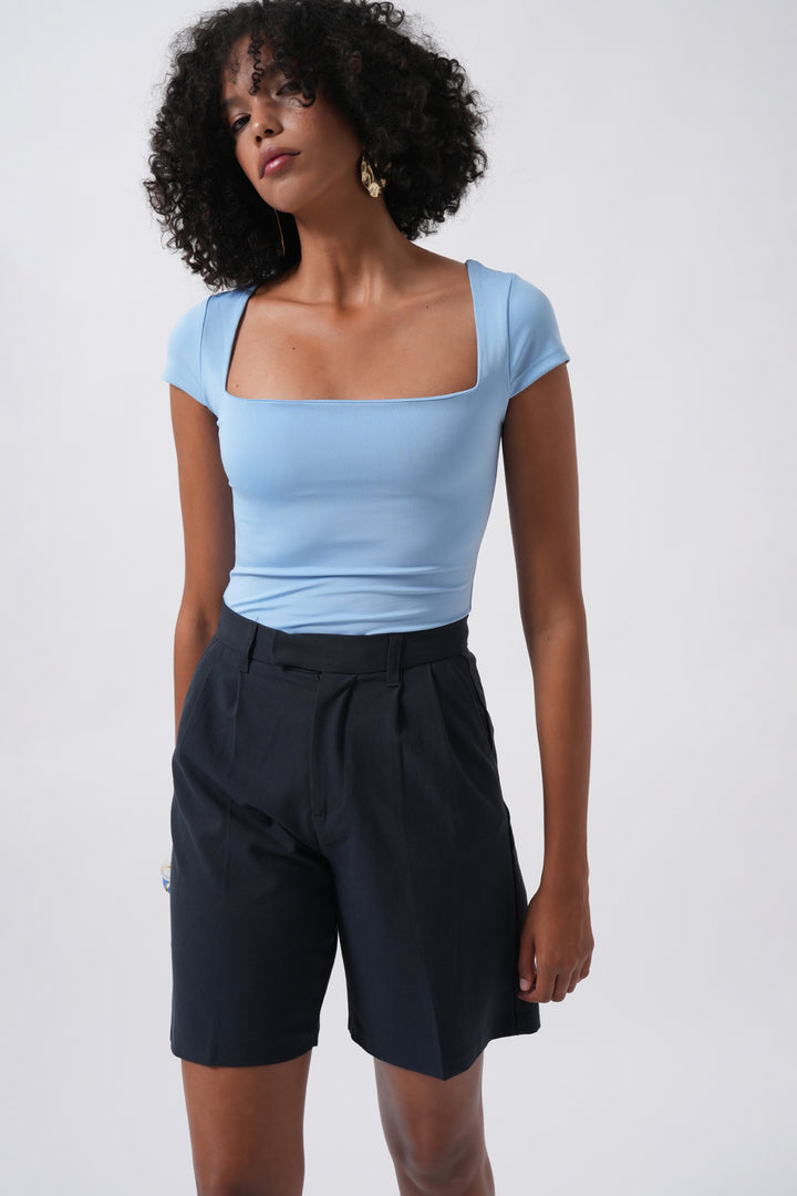 Window Detail Mini Decollete Baby Blue Blouse 