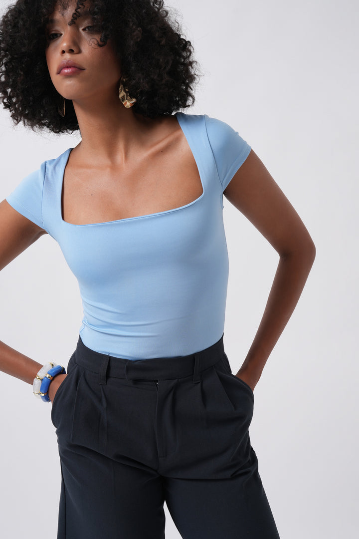 Window Detail Mini Decollete Baby Blue Blouse 