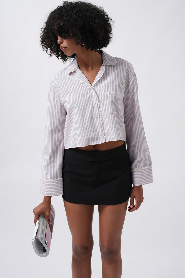 Striped Pocket Detail Crop Pink Shirt 