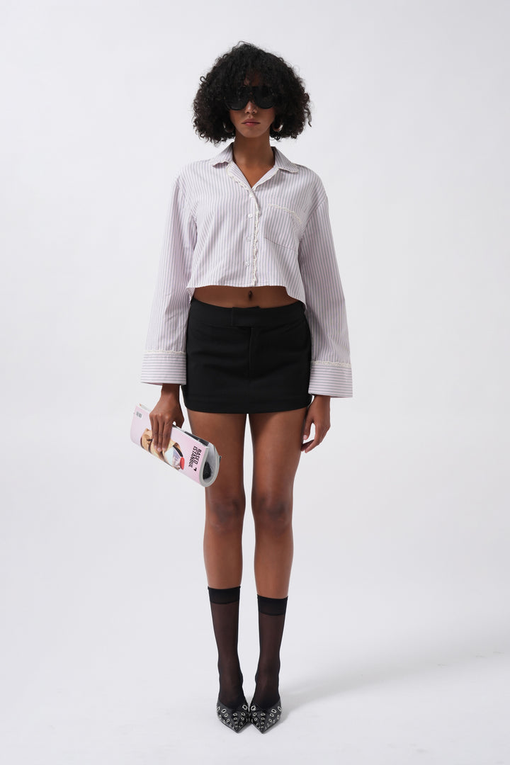 Striped Pocket Detail Crop Pink Shirt 