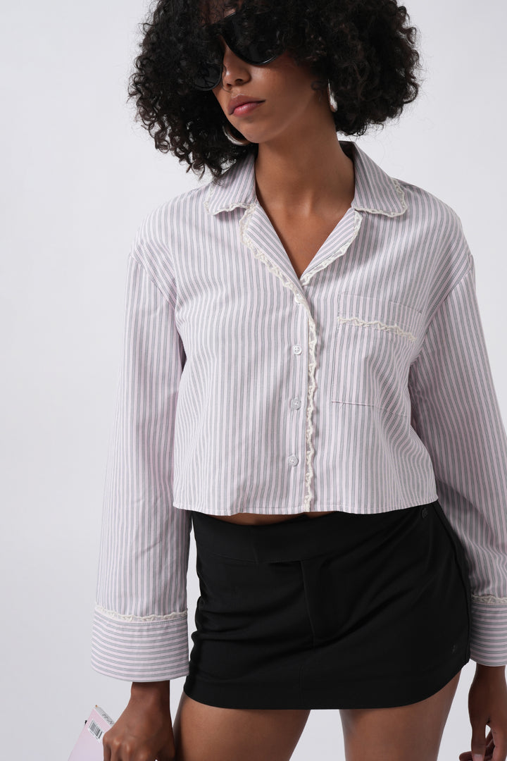 Striped Pocket Detail Crop Pink Shirt 