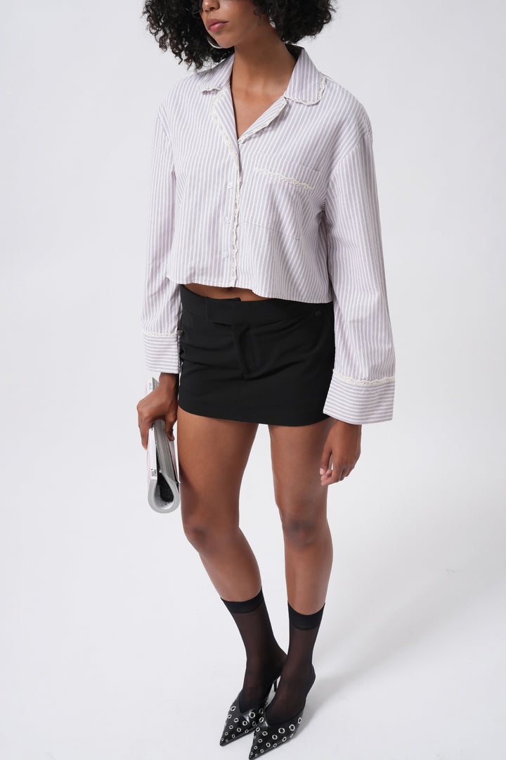 Striped Pocket Detail Crop Pink Shirt 