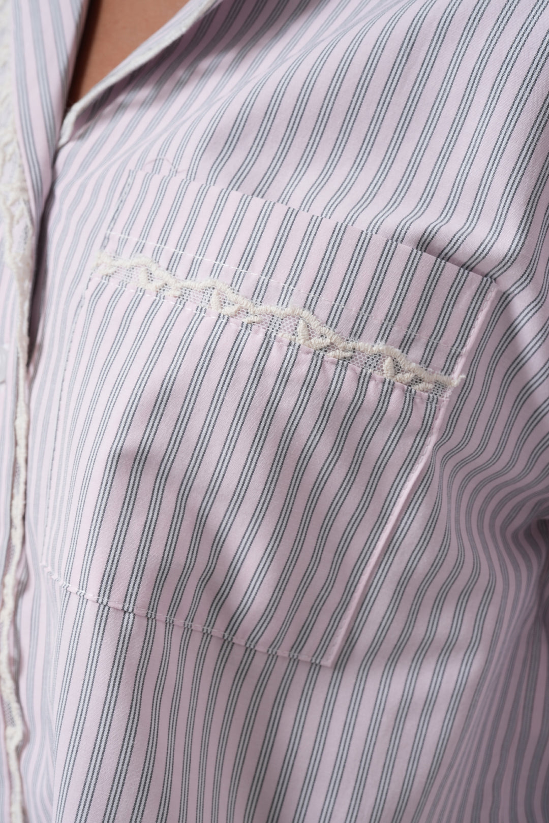 Striped Pocket Detail Crop Pink Shirt 