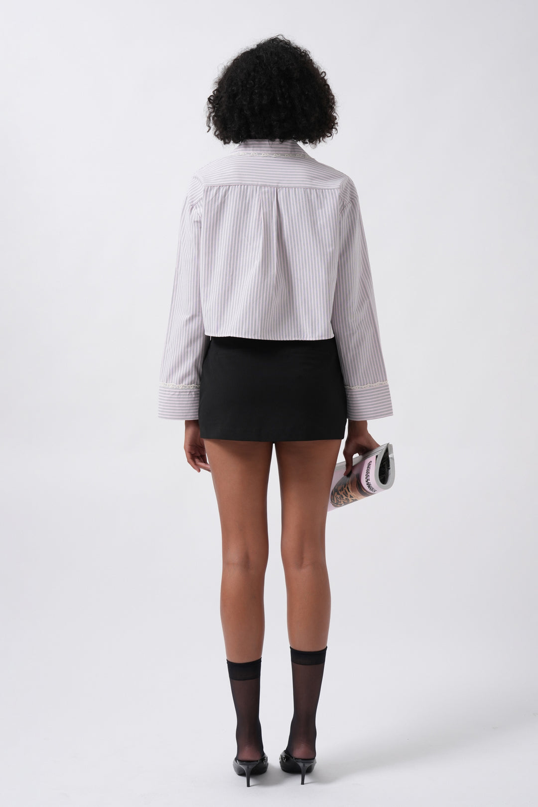 Striped Pocket Detail Crop Pink Shirt 