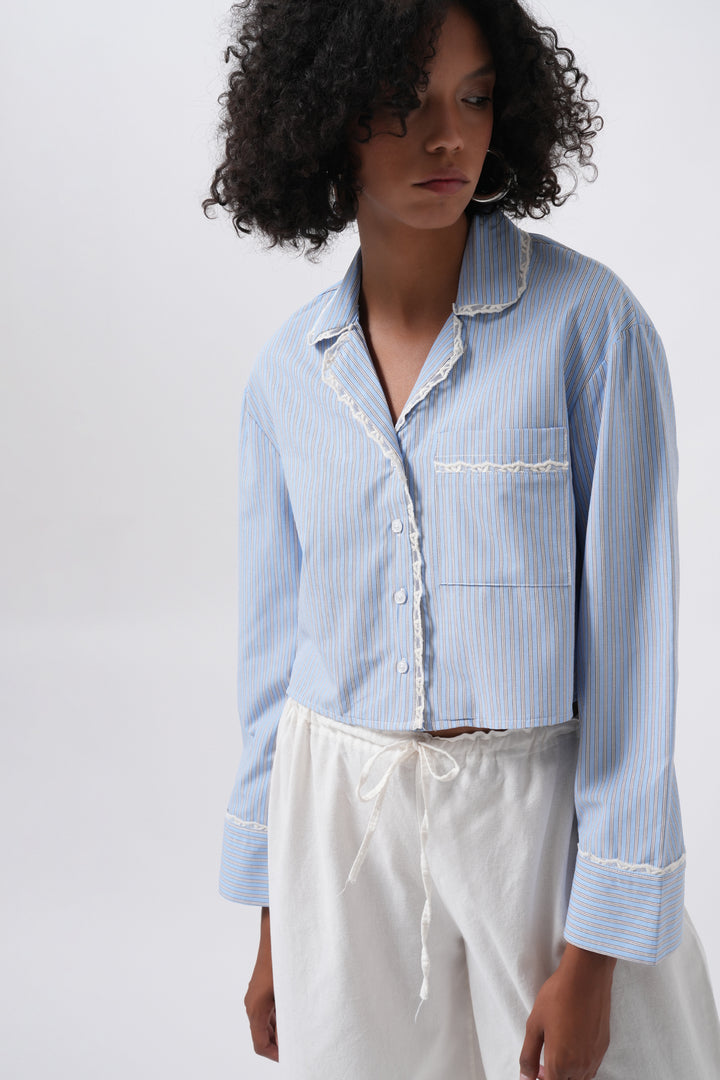Striped Pocket Detail Crop Blue Shirt 