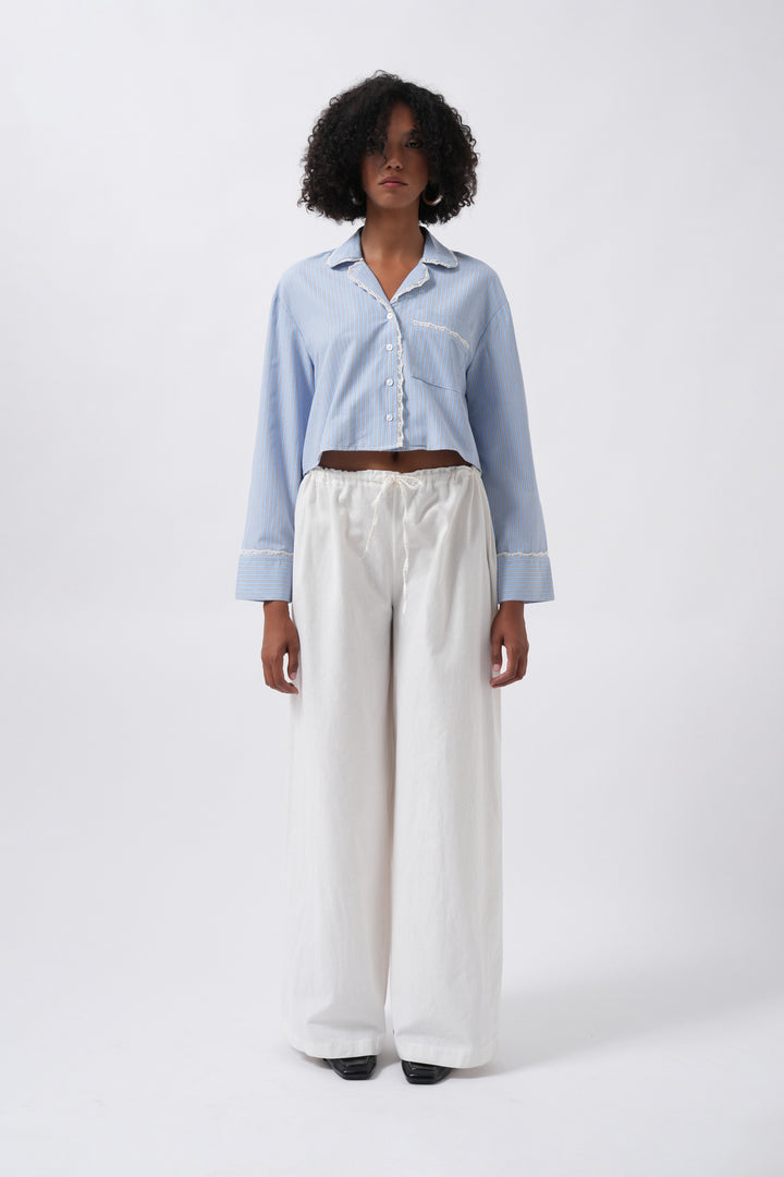 Striped Pocket Detail Crop Blue Shirt 