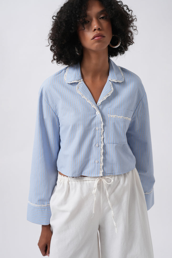 Striped Pocket Detail Crop Blue Shirt 