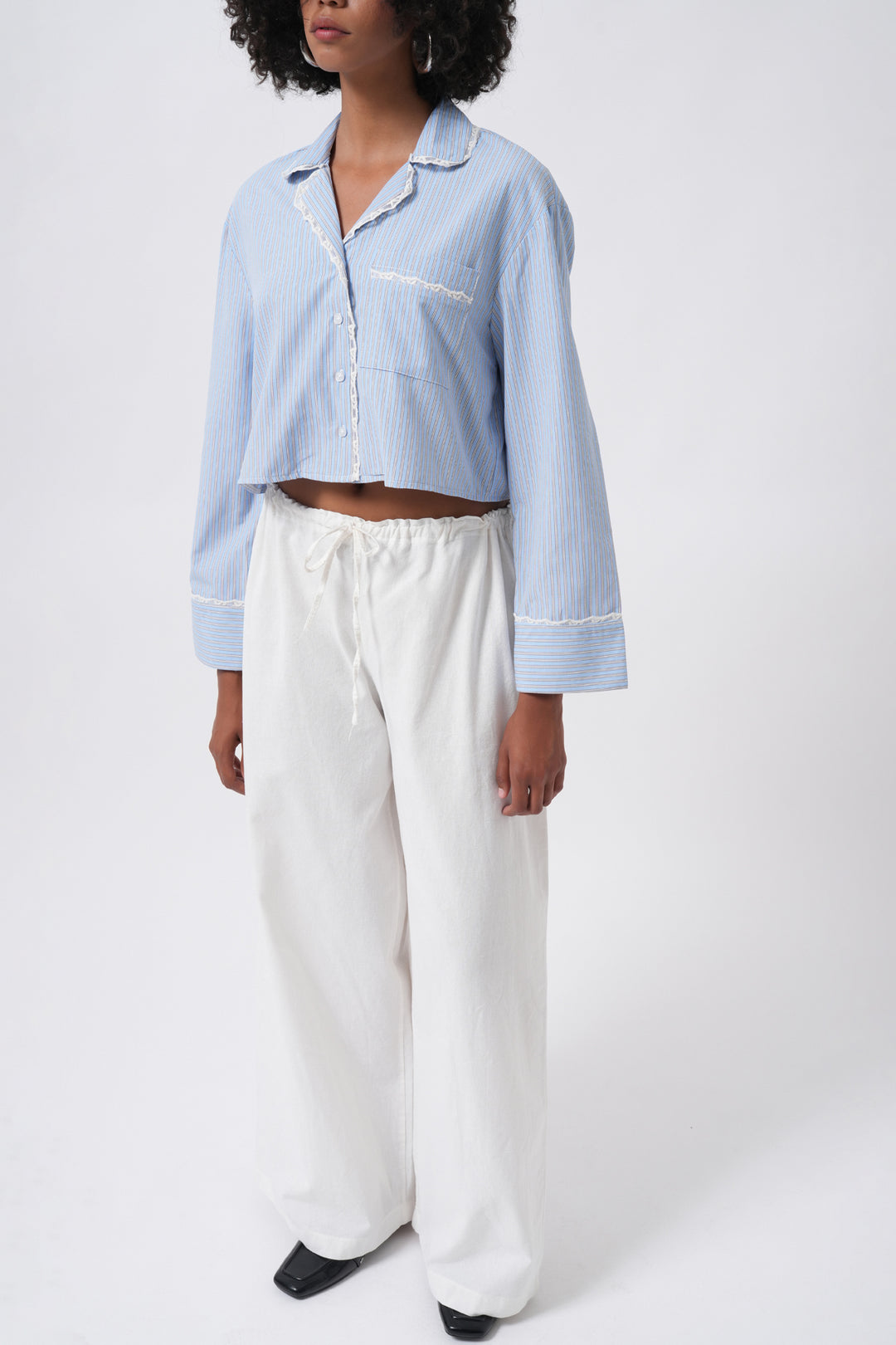 Striped Pocket Detail Crop Blue Shirt 