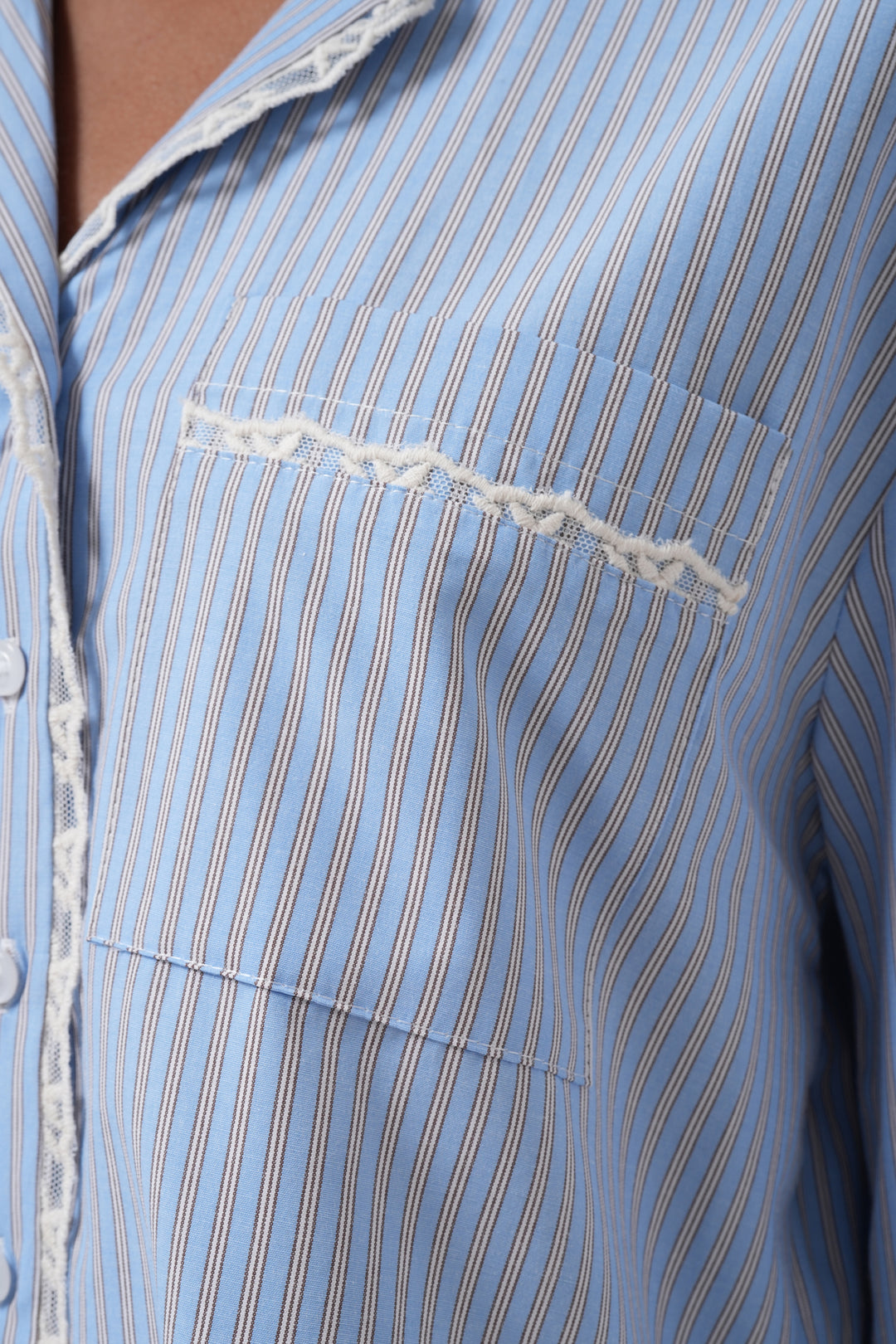 Striped Pocket Detail Crop Blue Shirt 