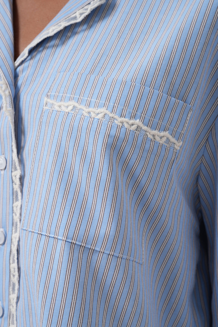 Striped Pocket Detail Crop Blue Shirt 