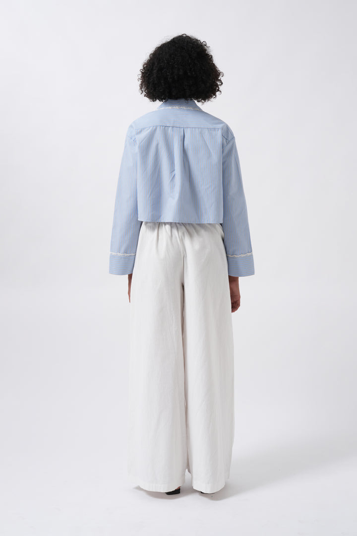 Striped Pocket Detail Crop Blue Shirt 