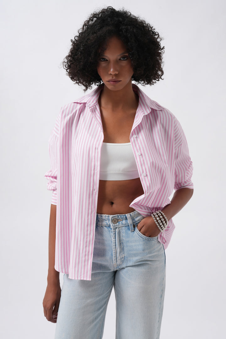 Striped Detail Oversize Pink Shirt