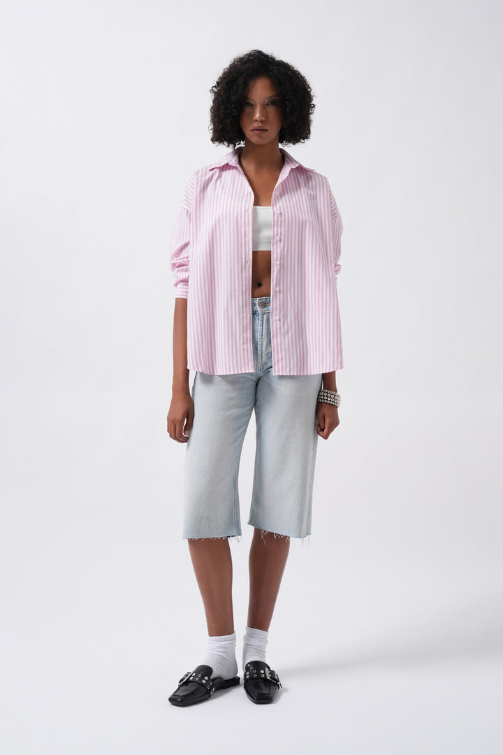 Striped Detail Oversize Pink Shirt