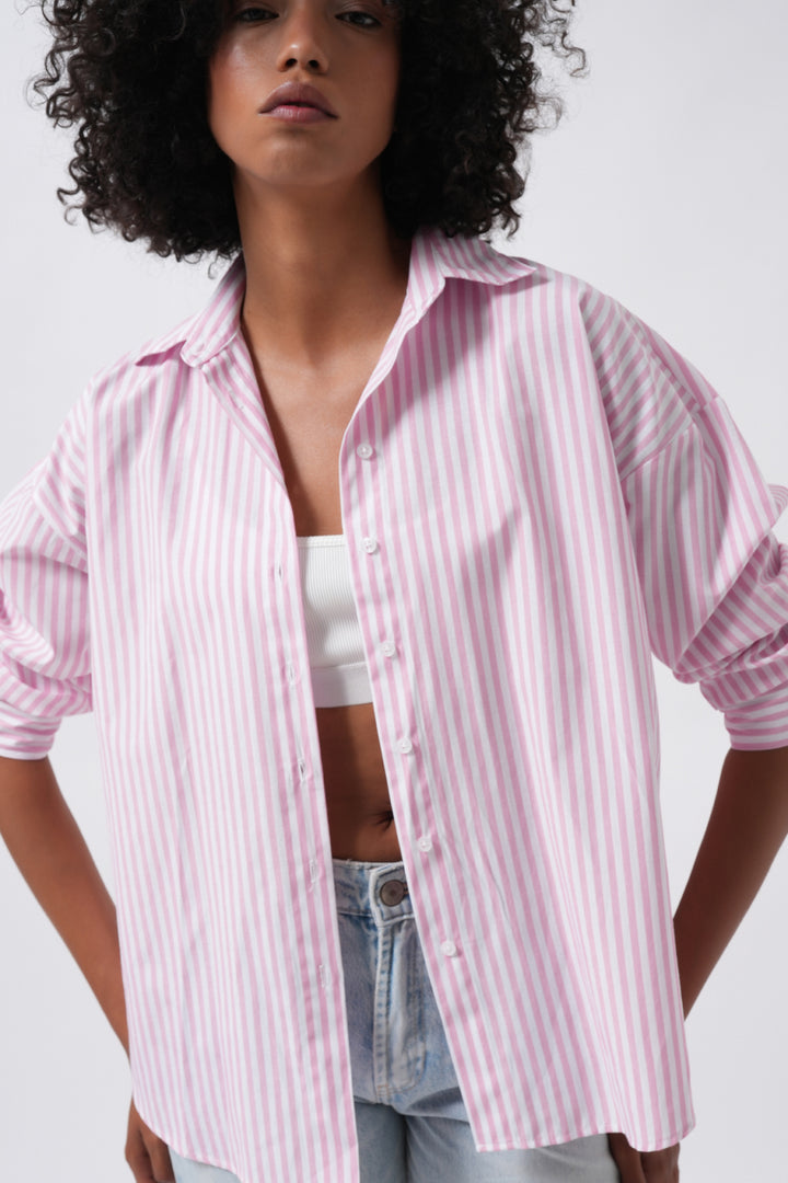 Striped Detail Oversize Pink Shirt