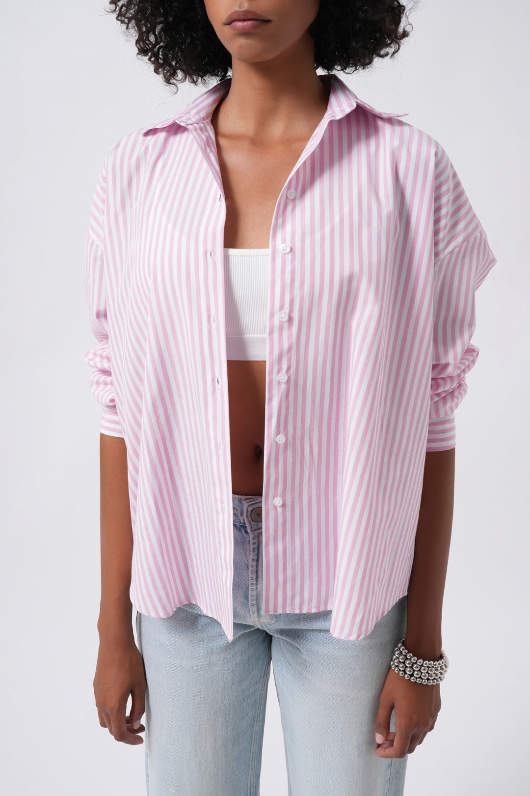 Striped Detail Oversize Pink Shirt