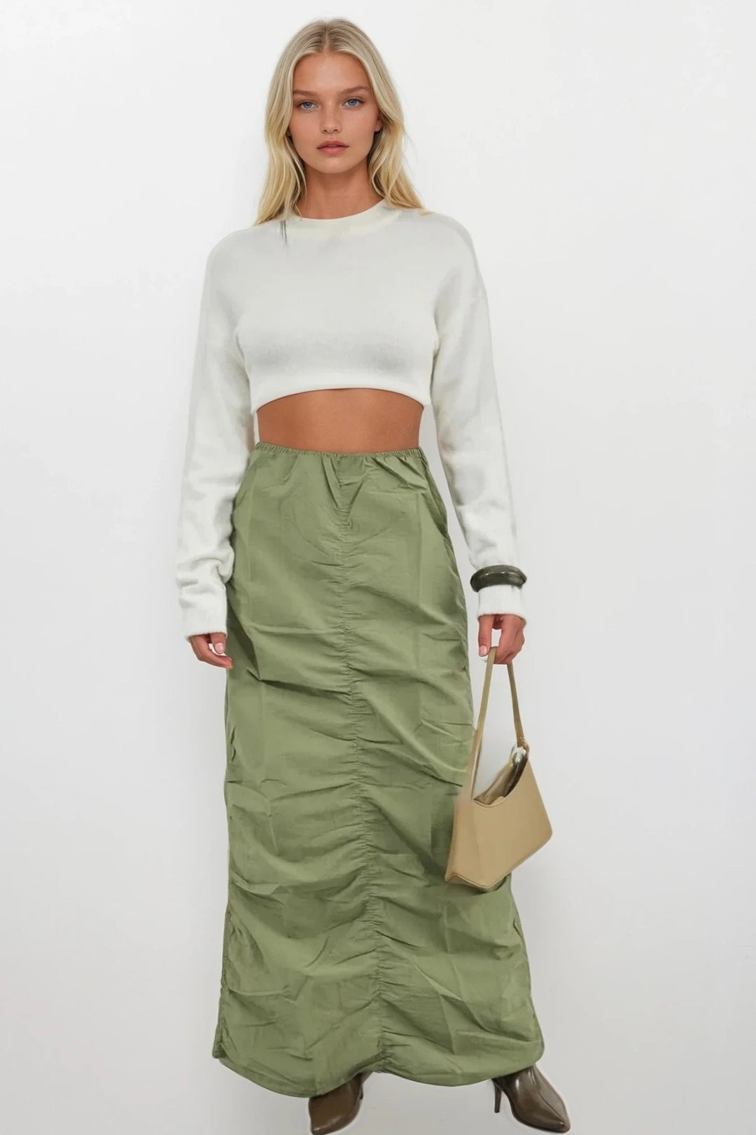 Gathered Detail Khaki Maxi Skirt 