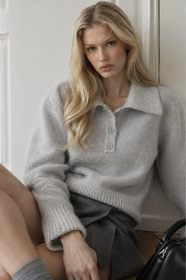 Polo Neck Grey Button-Up Knit Sweater