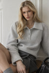 Polo Neck Grey Button-Up Knit Sweater
